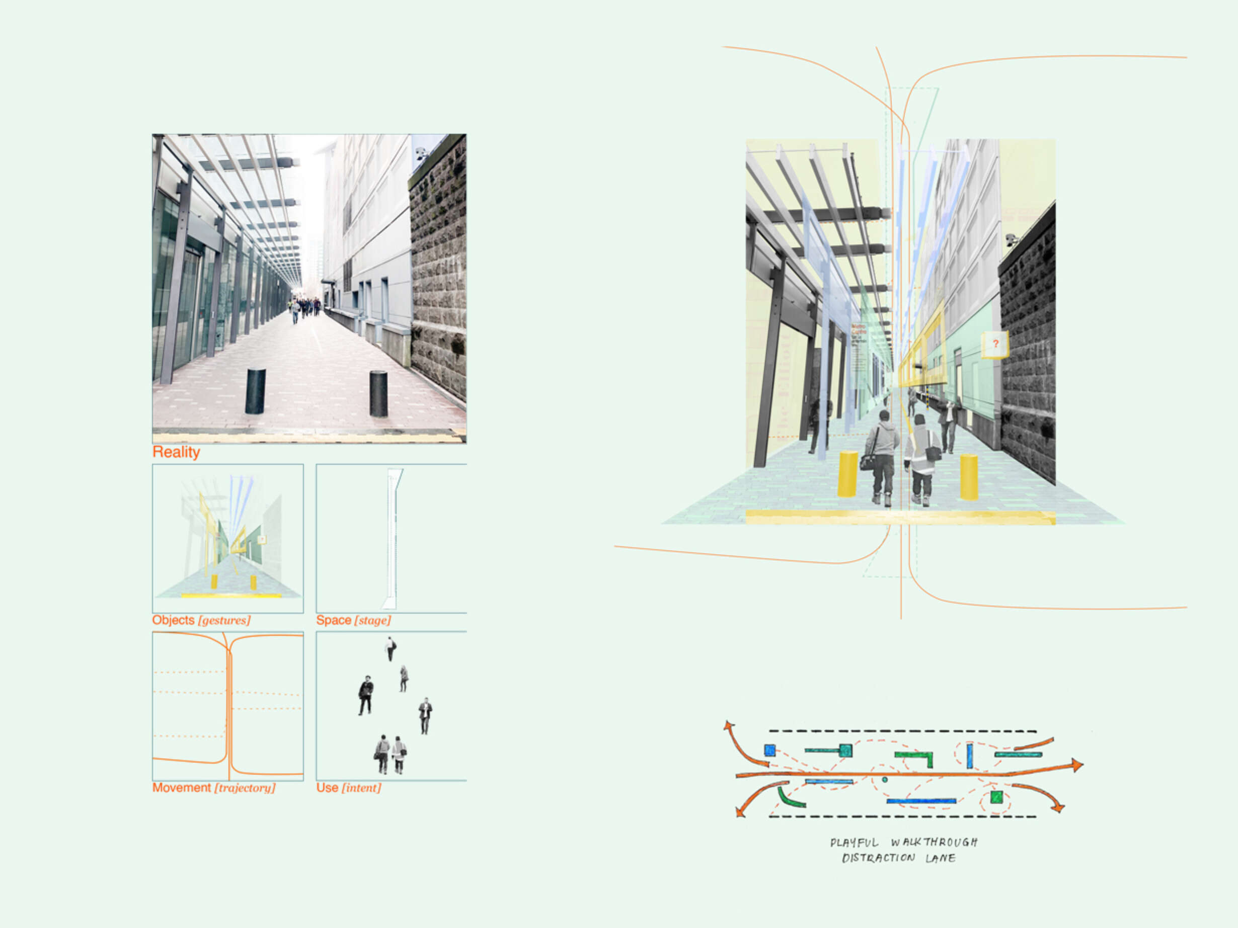 Distraction Lane concept (Bledisloe Lane reimagined): extracted elements, collage & diagram