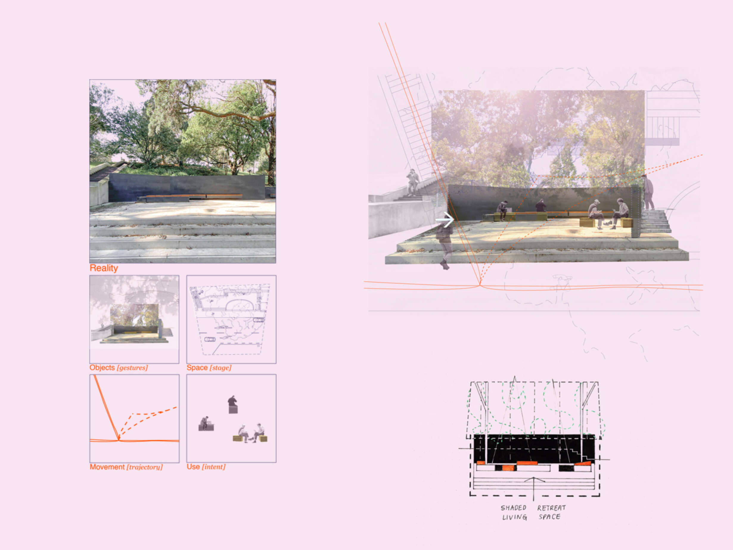 Daydream Hut concept (Shaded space reimagined): extracted elements, collage & diagram