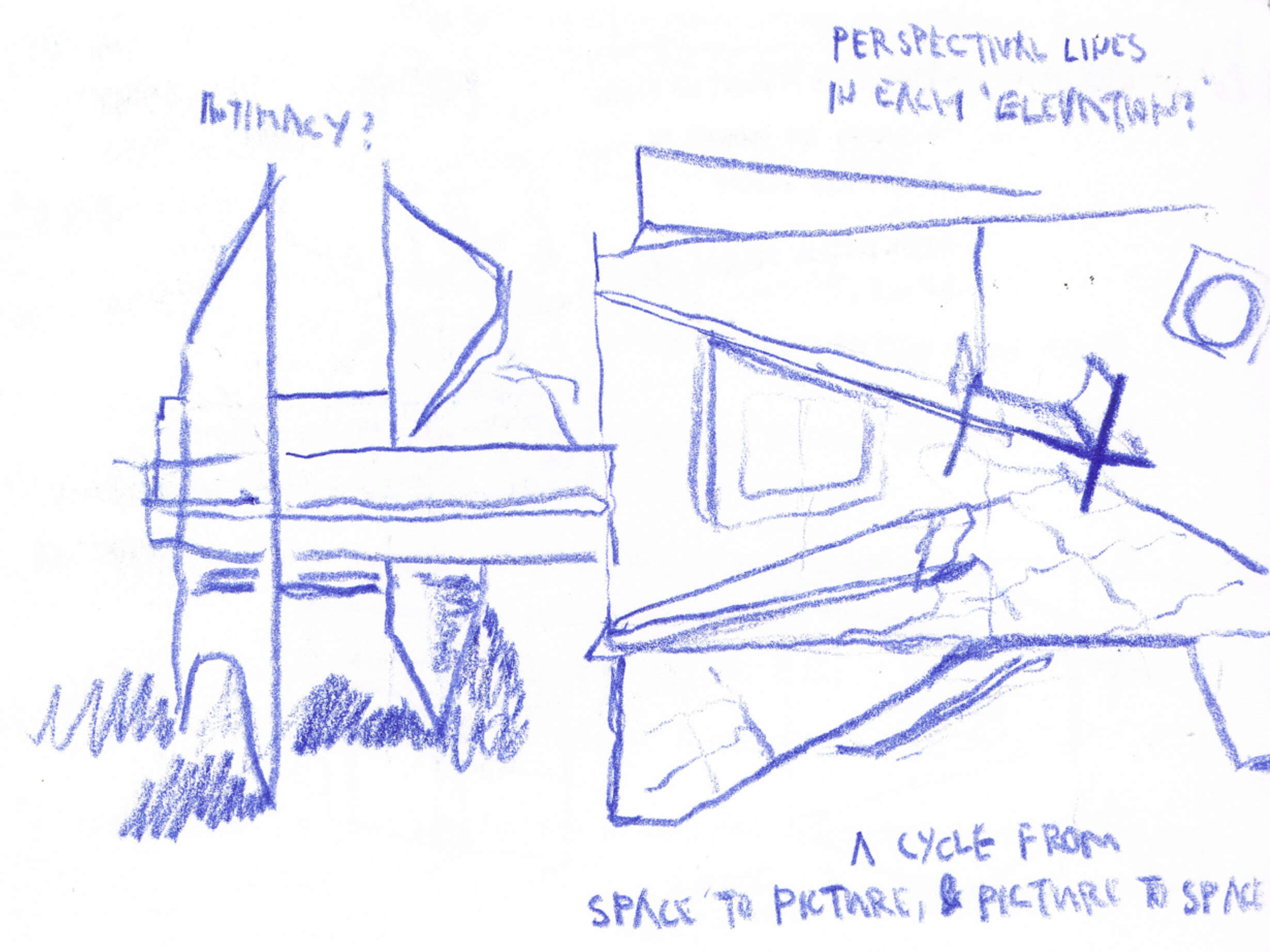 Fusing the Collapsed Domestic - Translating 3D into 2D to reveal unforeseen relationships between drawing and building [Blue Pencil in A4 Sketchbook]