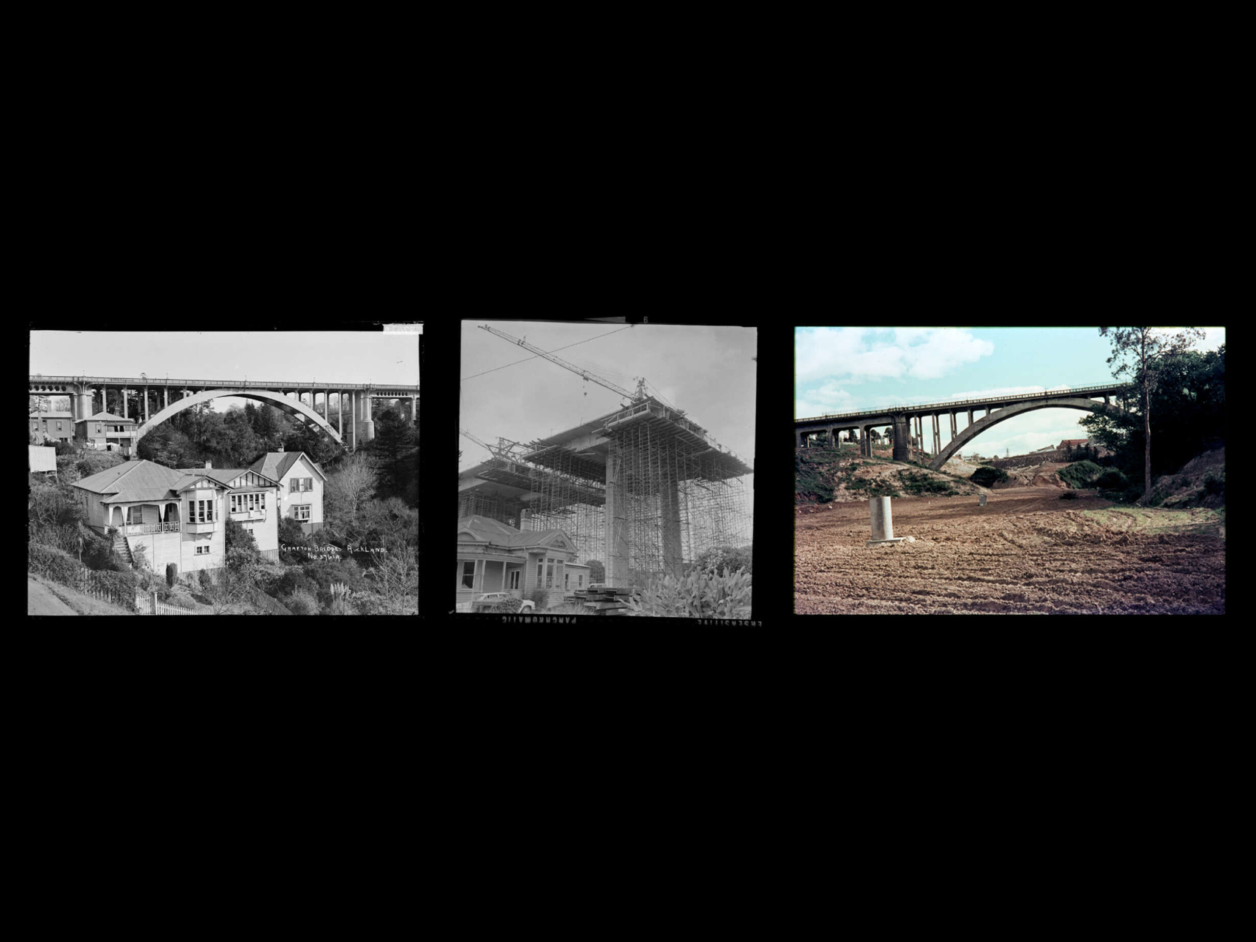 Houses of Grafton Gully, eventually to be cleared, c.a. 1913; Construction of the southern motorway viaduct in Newmarket, January 12, 1965; Gully clearance, c.a. 1969.