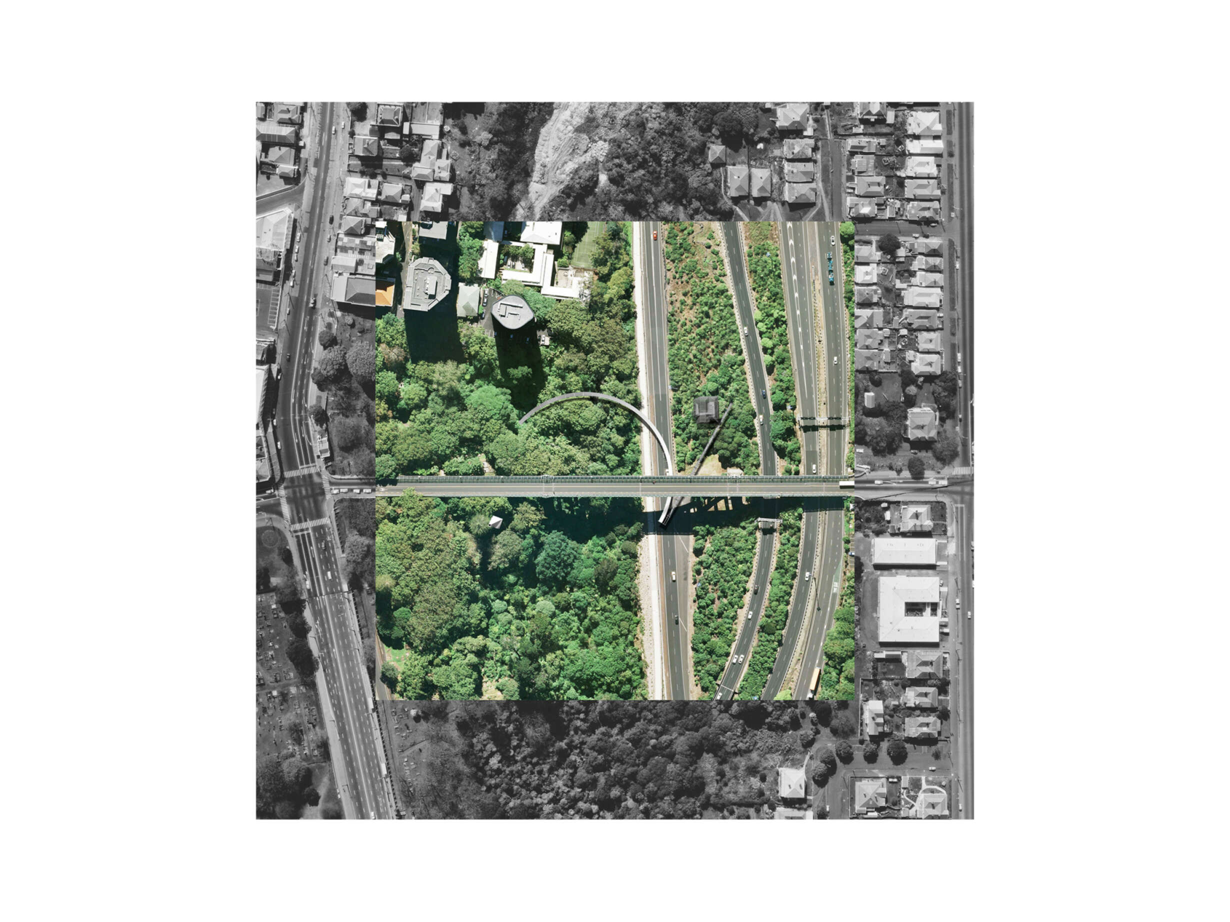 Site plan (enlarged detail) showing the proposed architecture spanning between pre- and post-motorway conditions. Source images from 1963 and 2017.