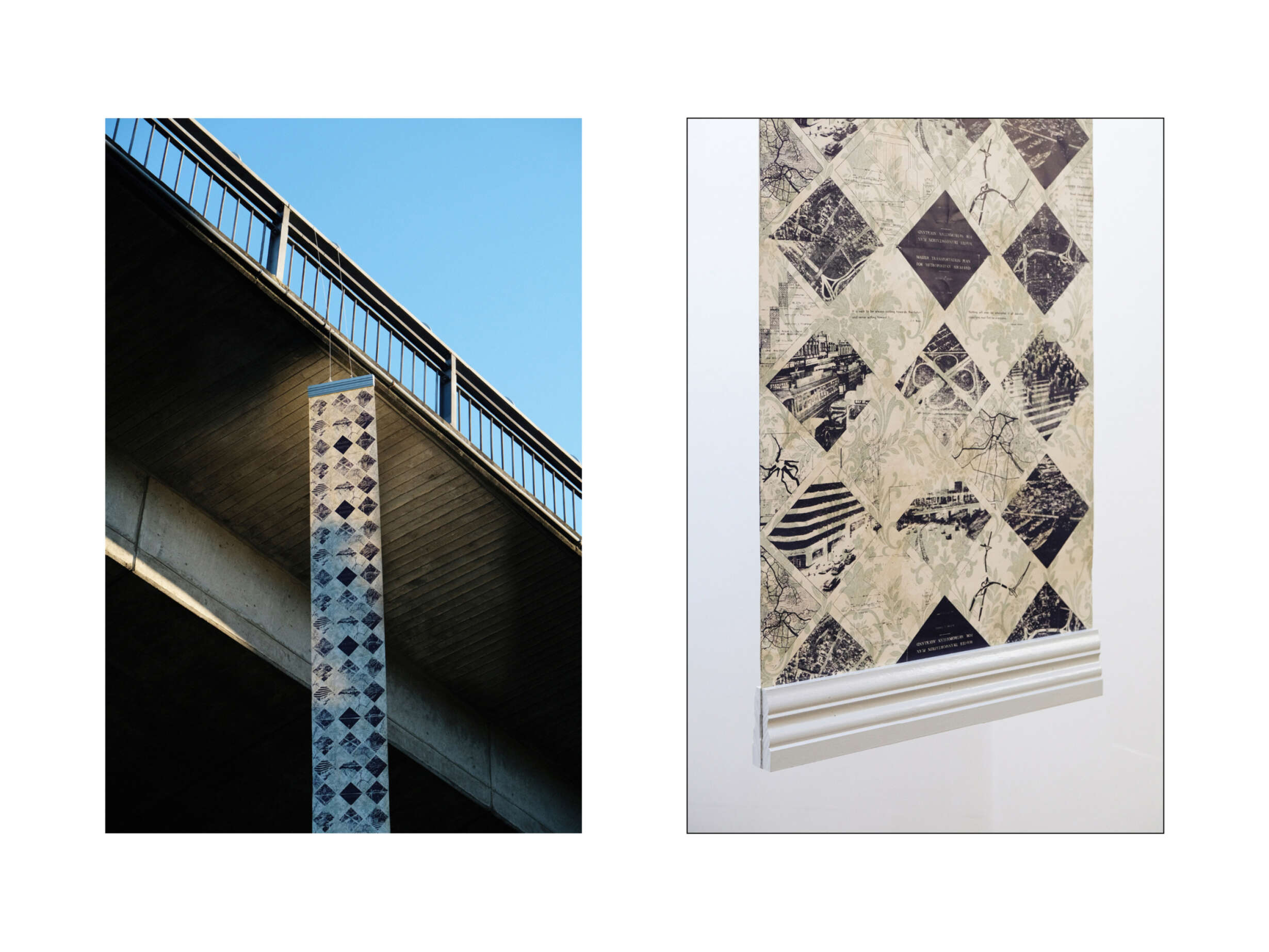 Wallpaper Drop, suspended from the Newton Road overpass. Ink on wallpaper, timber skirting board, paint, 520x10,000mm.