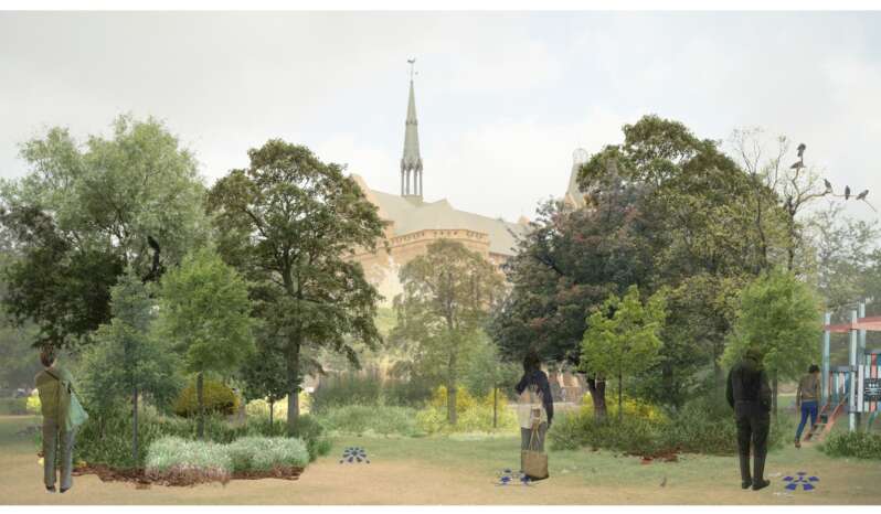 P3urban forest render with benches