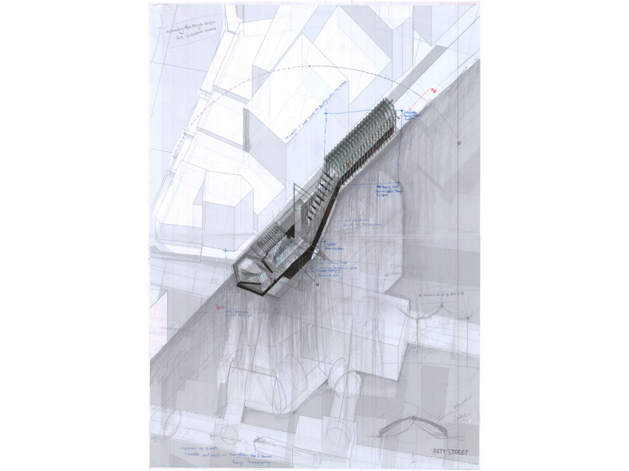 Axonometric drawing of Beresford Street with overlaid notes and sketches on tracing paper - (A2)