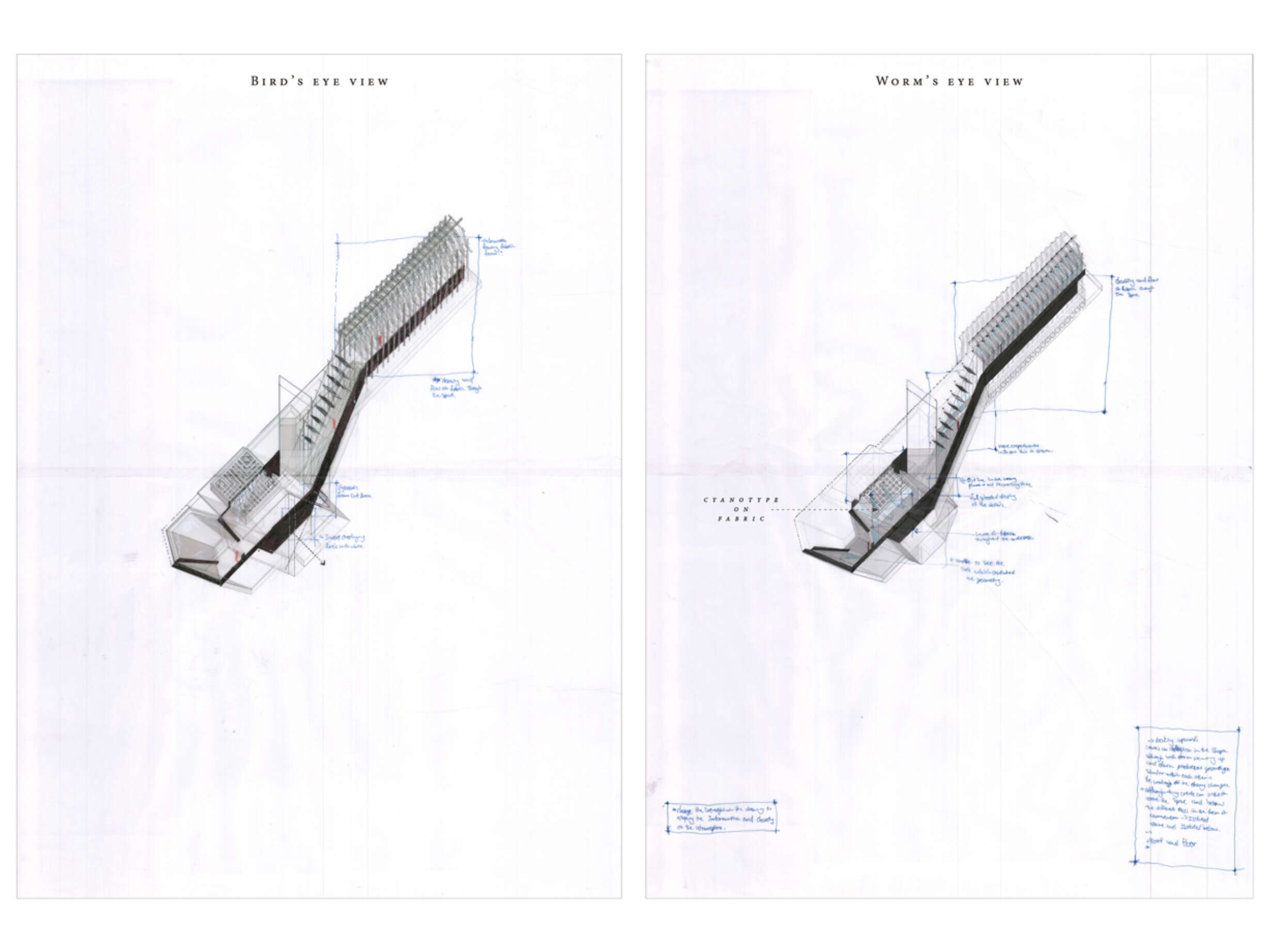 Comparing the Bird’s eye view and the Worm’s eye view axonometric revealing a ‘shift’ in the visual communication of the birds eye view which retains the same geometry as the worms eye - (A2)