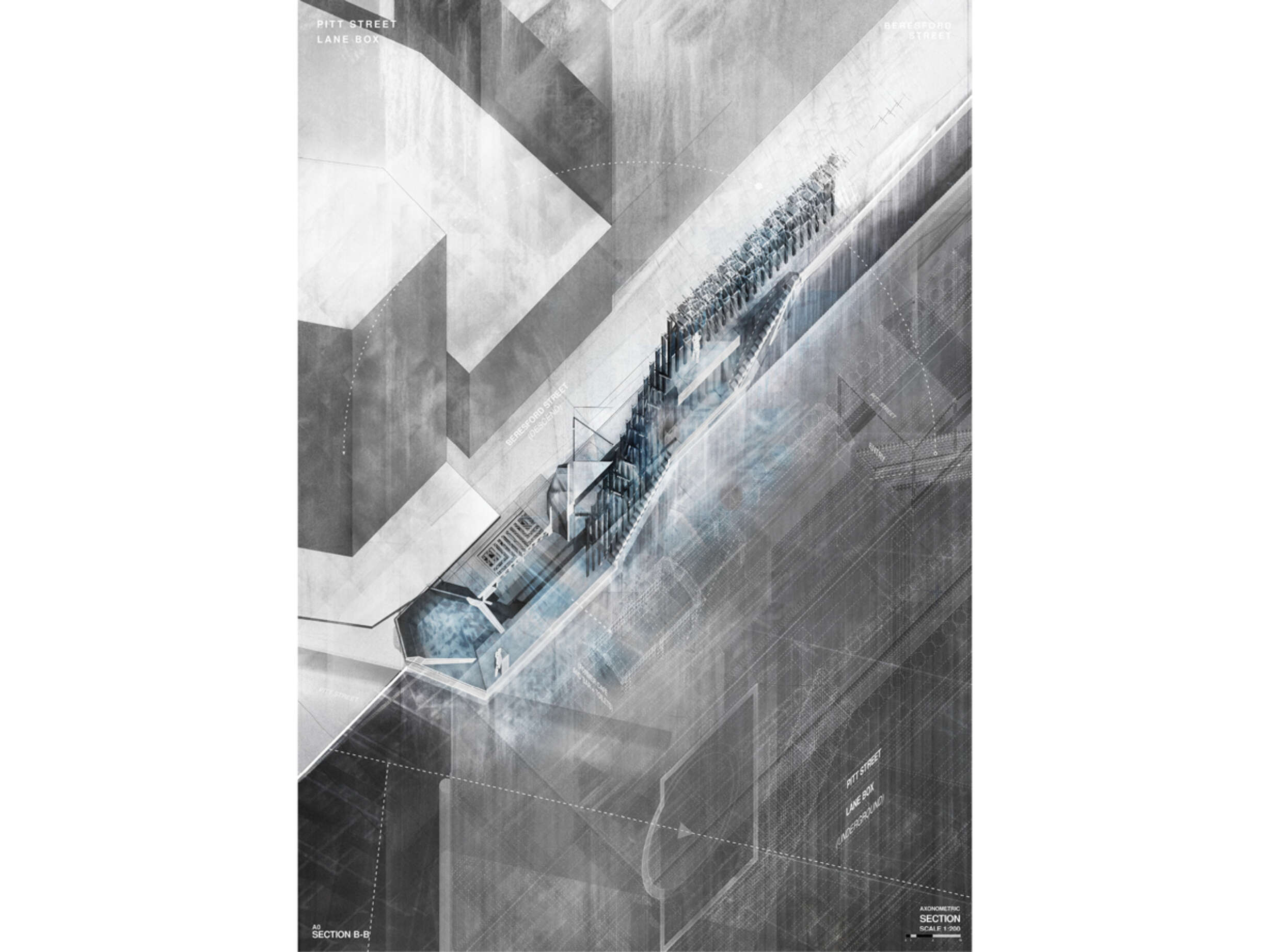 The final sectional axonometric drawing for the Beresford Street lane box with overlaying qualitative and quantitative elements - (A0)