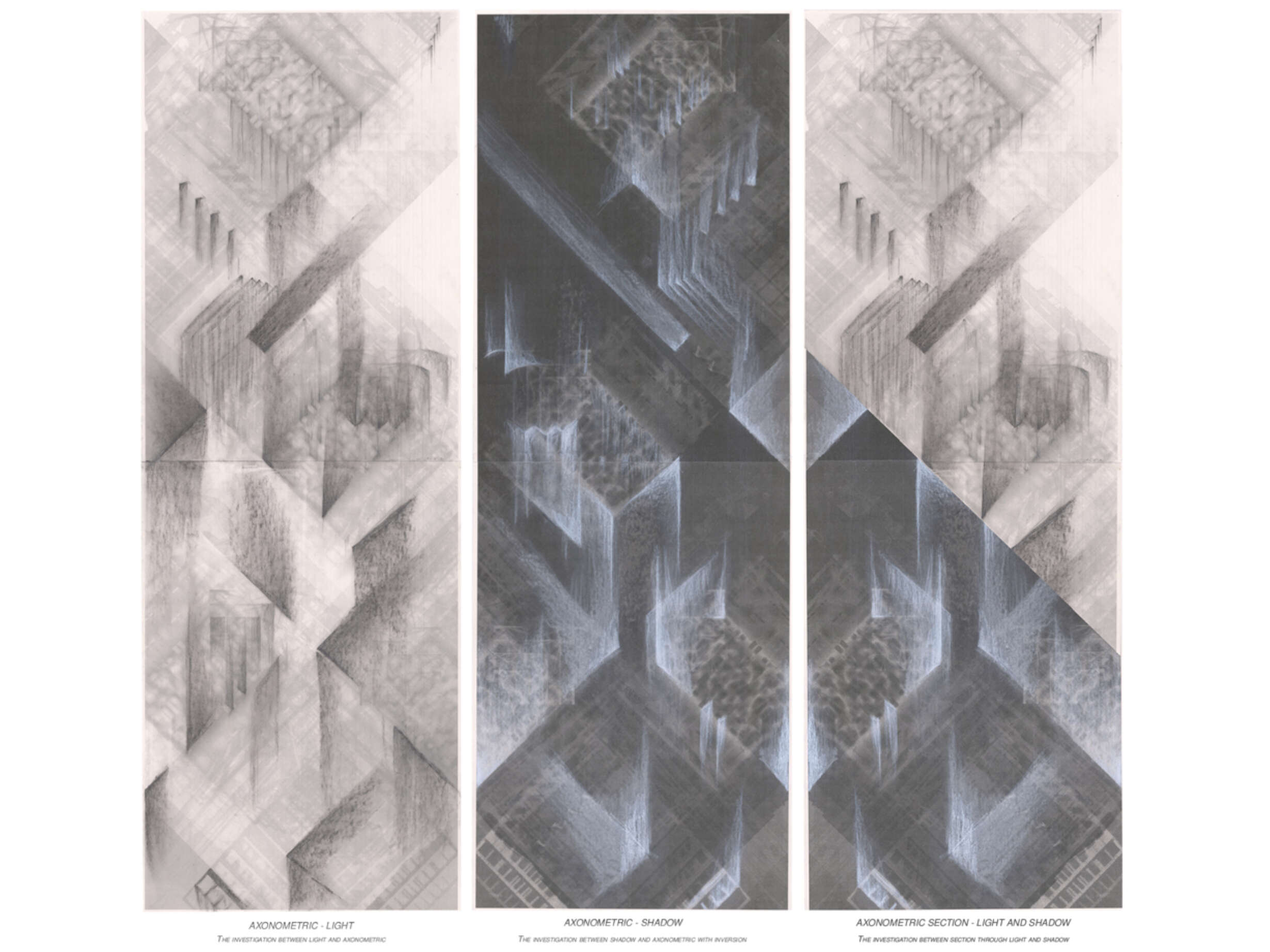 Series: C/R - Three drawings depicting the extension and compression of the bird’s and worms’ eyes view by combining and alternating elements of both light and darkness  (297 x 840 mm each one )