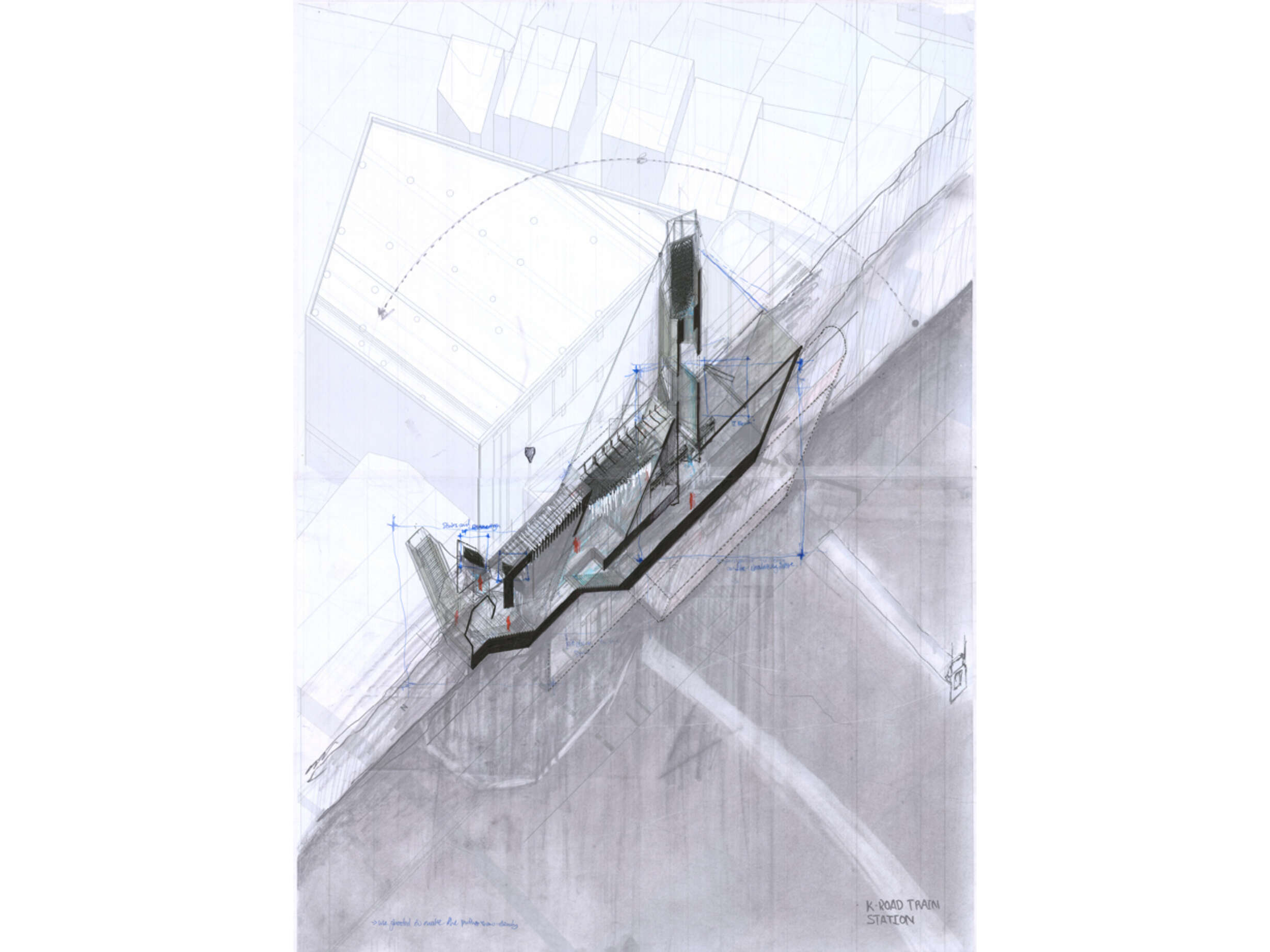 Axonometric drawing of the Mercury Lane train station with overlaid notes and sketches on tracing paper - (A2)