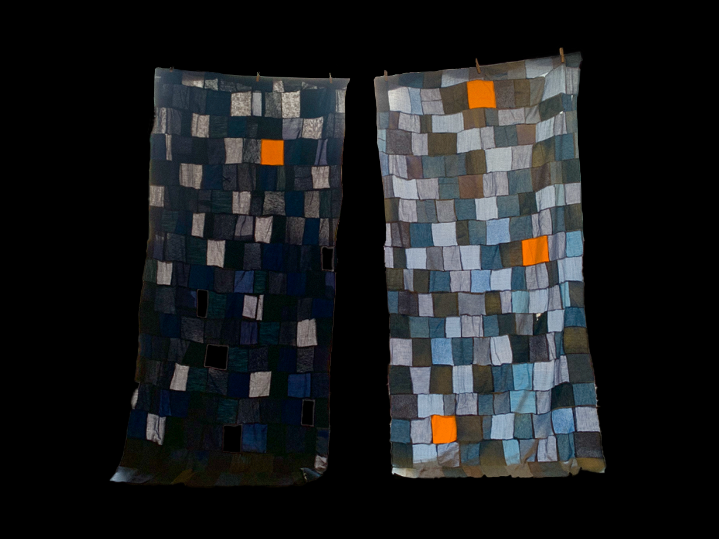 The final pair of quilts. Left – the first quilt and its yellow square represent a welcoming light in a window and suggest a deconstructed lighthouse within stormy seascape. Right – the second quilt builds on the first in that it suggests a lighter and brighter landscape, one filled with more lighthouses perhaps.