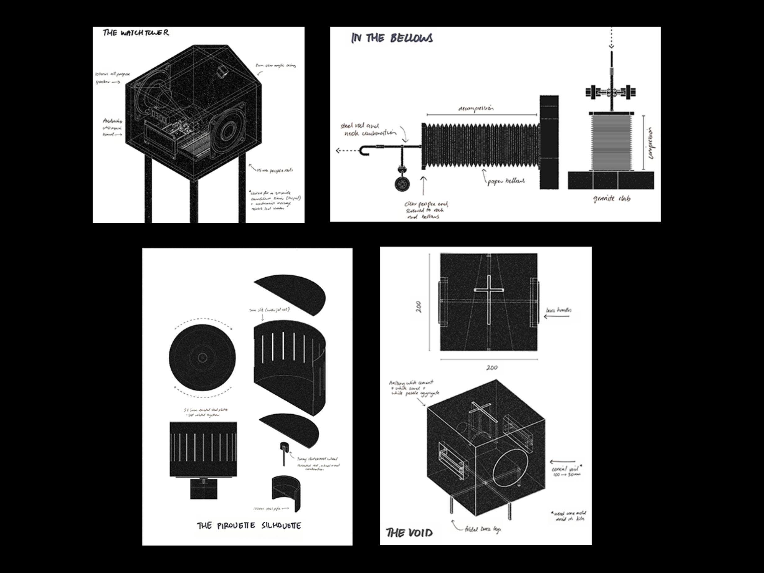 Blueprint drawings of the four artifacts that express the pain of family violence drawn from survivor accounts.