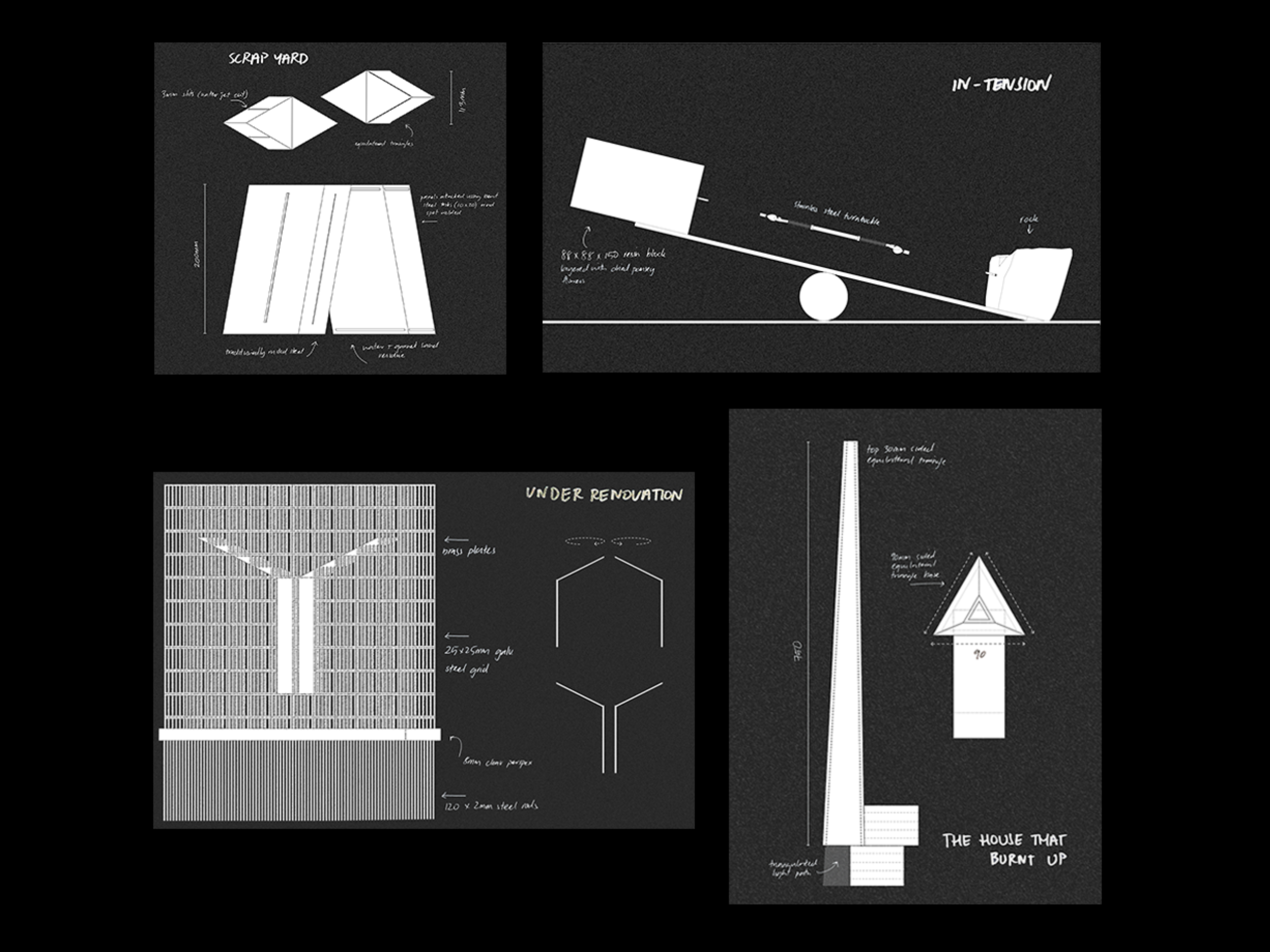 Blueprint drawings of the four counter-artifacts that express more hopeful and optimistic themes from survivor accounts.