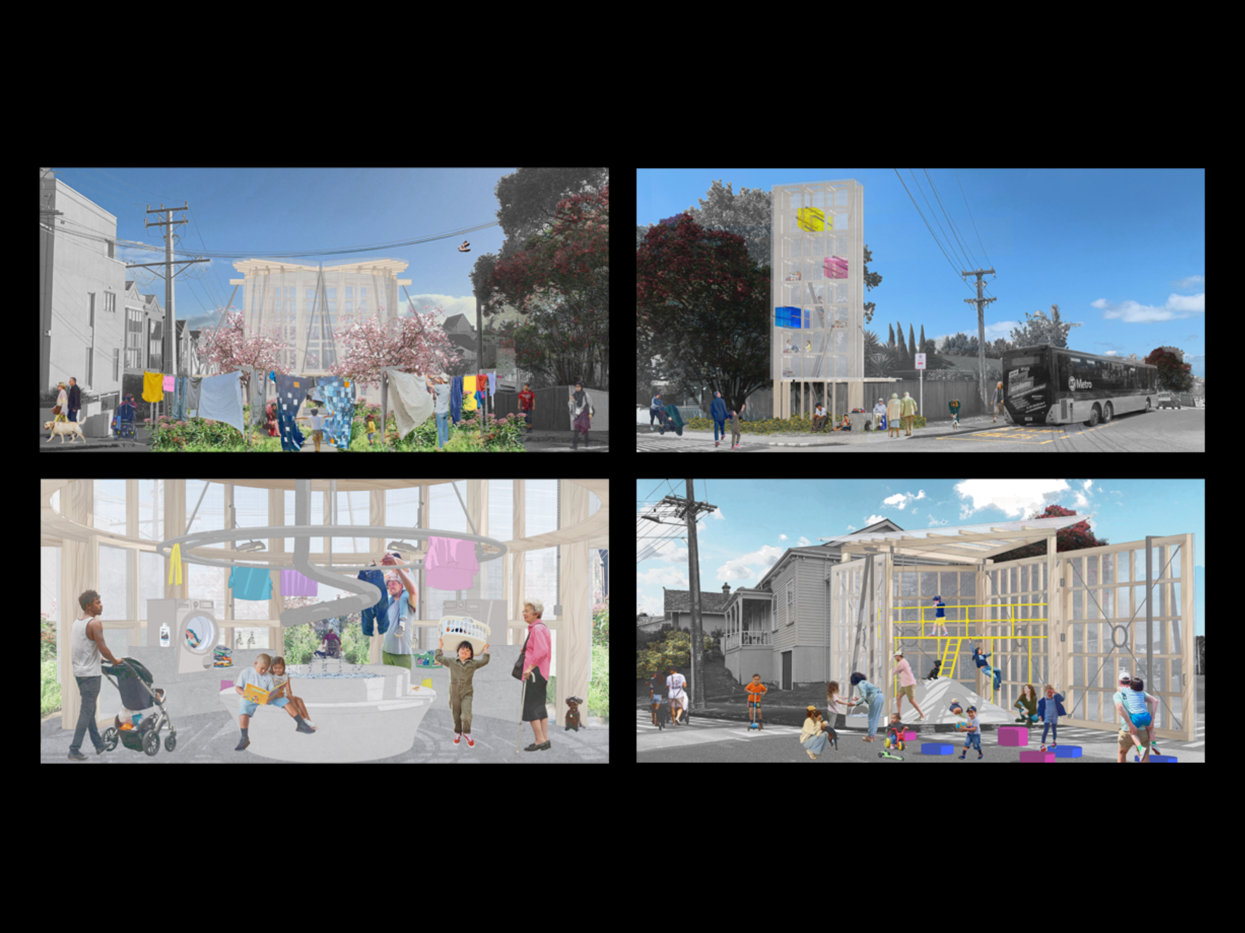 Examples of some of the renders that show how the speculative lighthouses might be used in everyday life. Top left – street view of The Laundry, showing surrounding washing line and garden. Top right – street view of The Bus Stop showing the ladders and platforms, shared games and books, canopy with seating and light blocks. Bottom left – interior view of The Laundry showing central downpipe, shared seat, suspended washing line and bench space. Bottom right – street view of The Playroom spilling out onto the street, showing the artificial hill, tunnel, scaffold platform and large swing doors/walls.