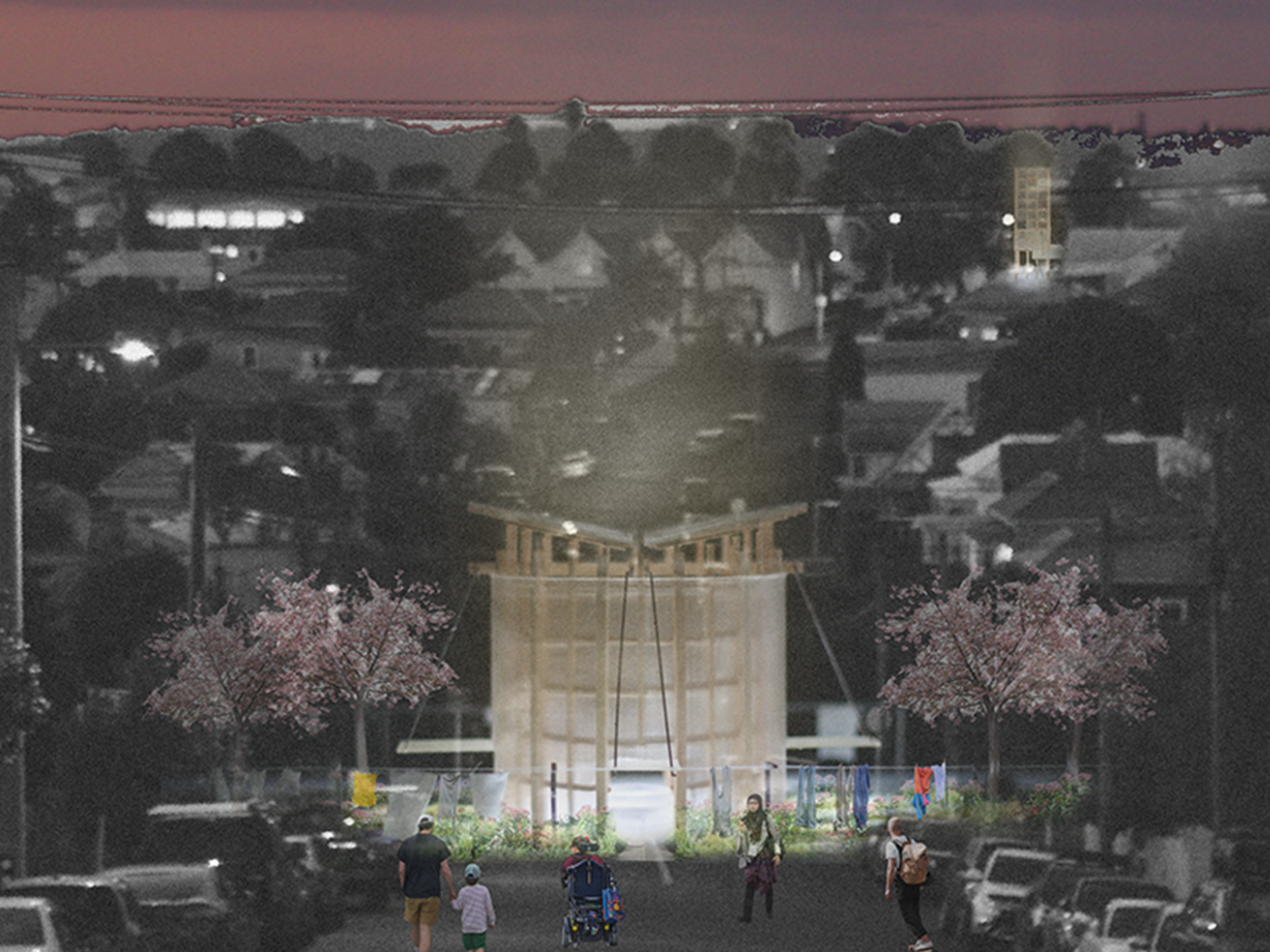 Example of a night render of The Landry as a beacon on an imagined suburban street.