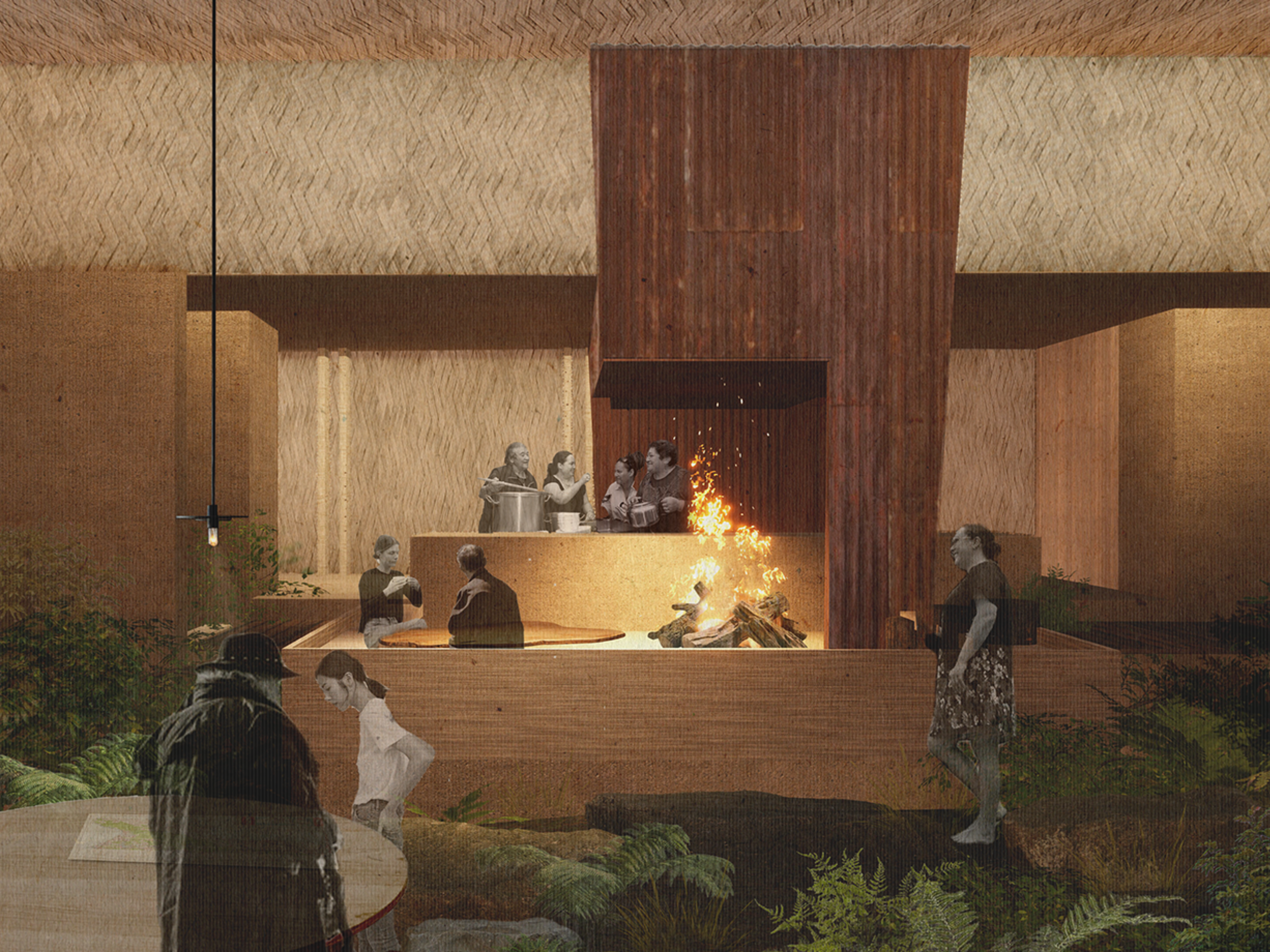 The 'Conversation Chamber' is the heart of the scheme: equal parts wharekai, classroom, and community hall.