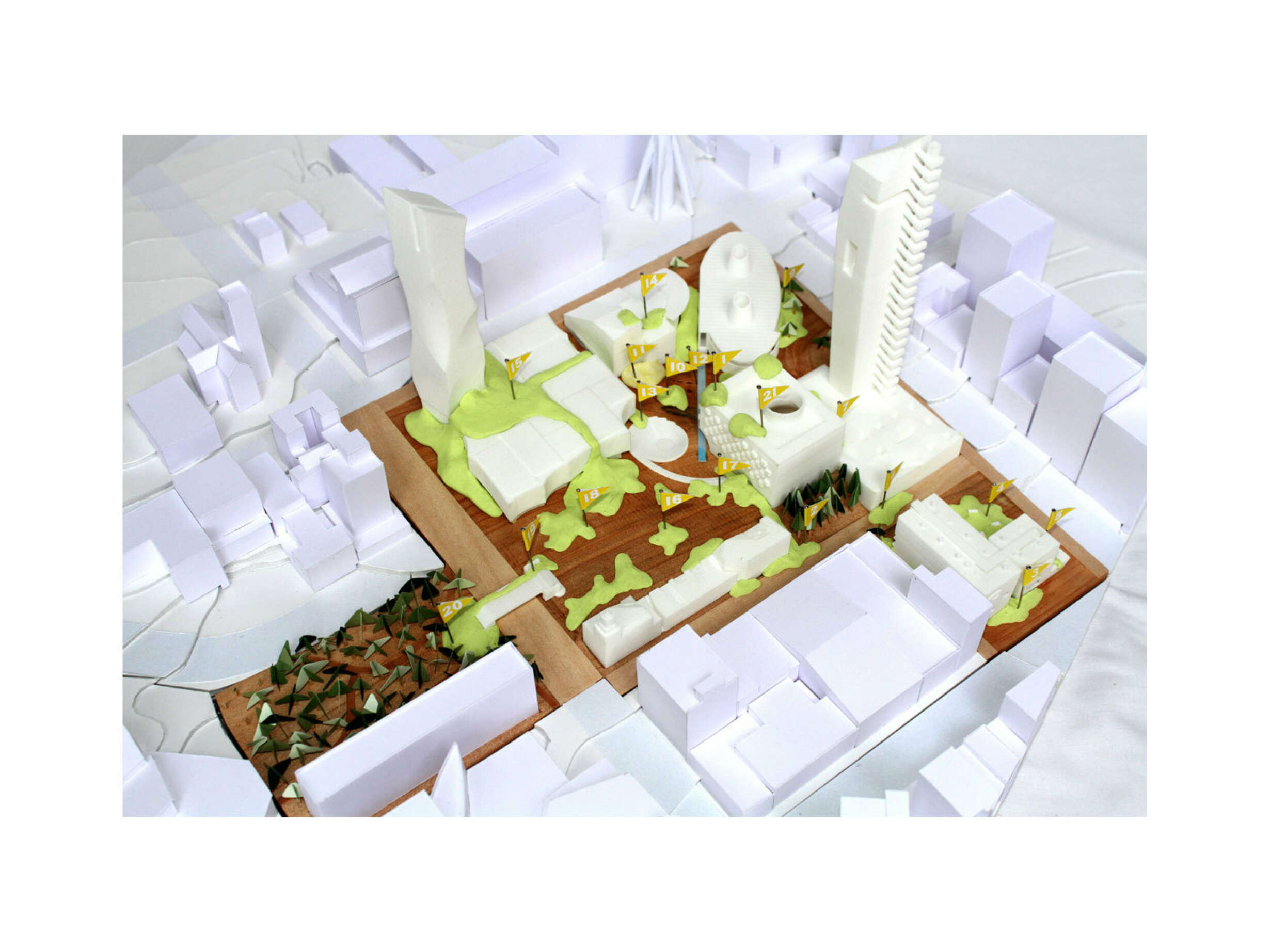 The final model illustrates the formal arrangement of the site and the all-consuming 'Village Green'